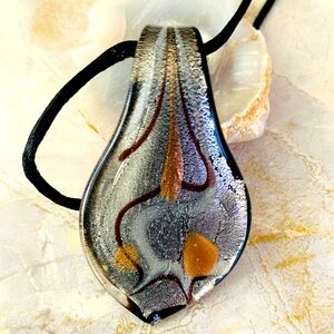 Hand Crafted Black and Silver Dichroic Art Glass Pendant Necklace
